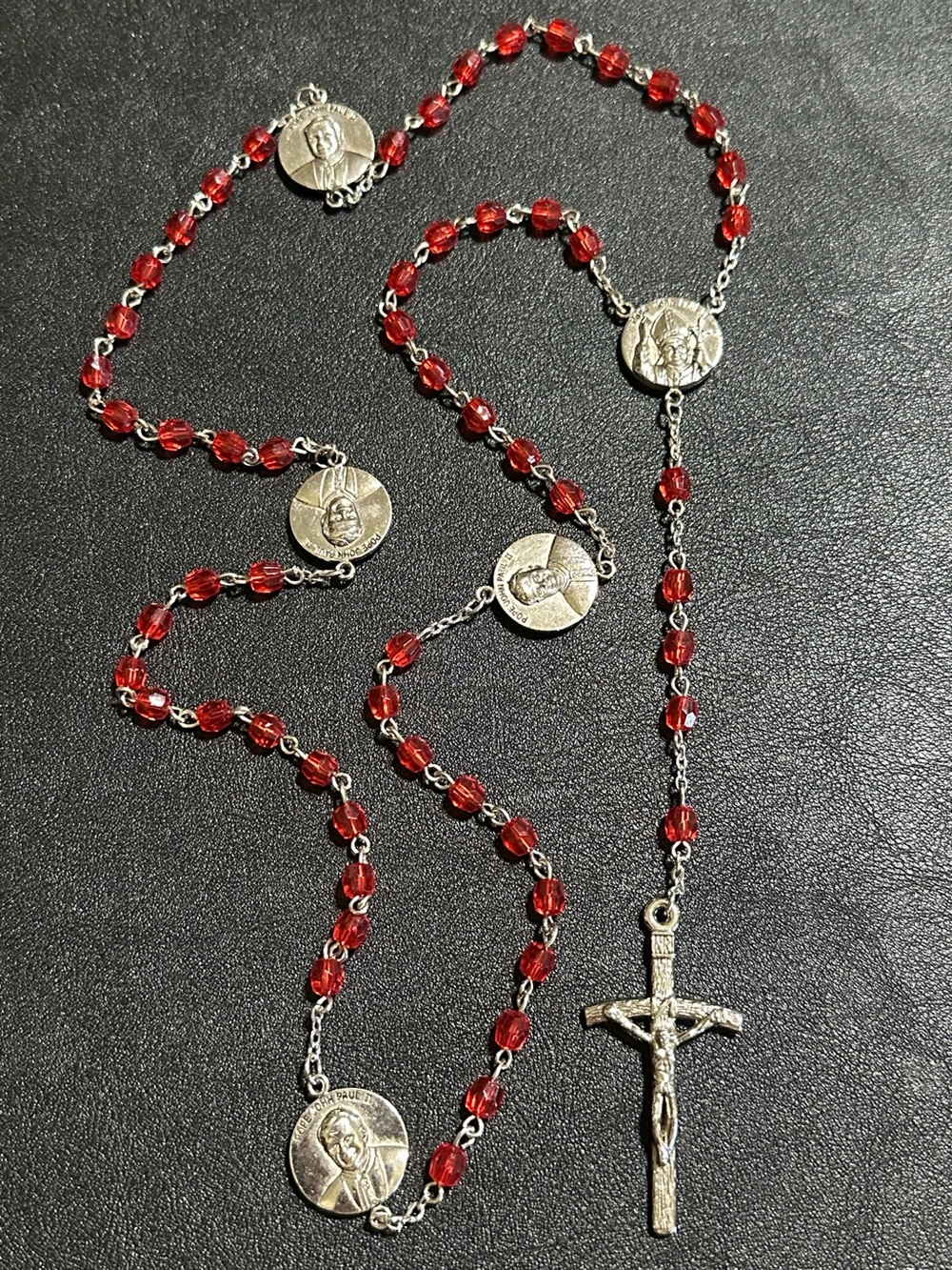 Vintage Pope John Paul II Commemorative Red Faceted Bead Rosary